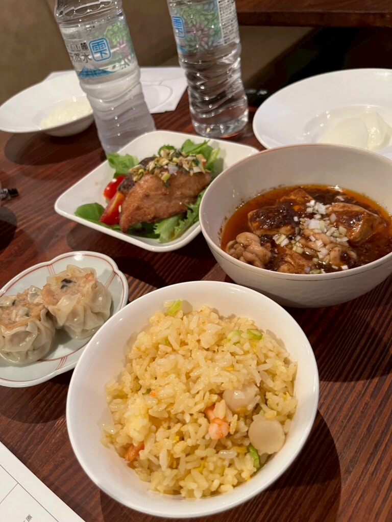 福島会場で提供された豪華ランチの一例。海鮮チャーハンや本格麻婆豆腐など、ミシュランの味覚がビジネス交流の場を彩りました。上質な食事は、初対面の方との会話を弾ませる大切な要素です。