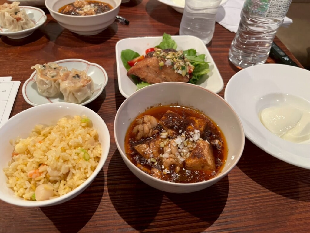 福島会場で提供された豪華ランチの一例。海鮮チャーハンや本格麻婆豆腐など、ミシュランの味覚がビジネス交流の場を彩りました。上質な食事は、初対面の方との会話を弾ませる大切な要素です。